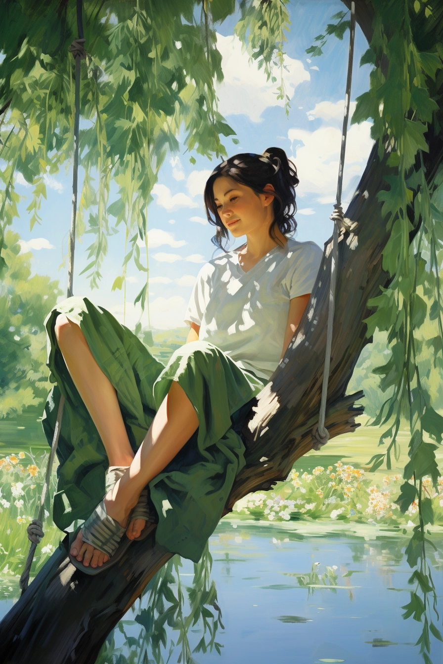 坐在一棵柳树的树枝上的少女