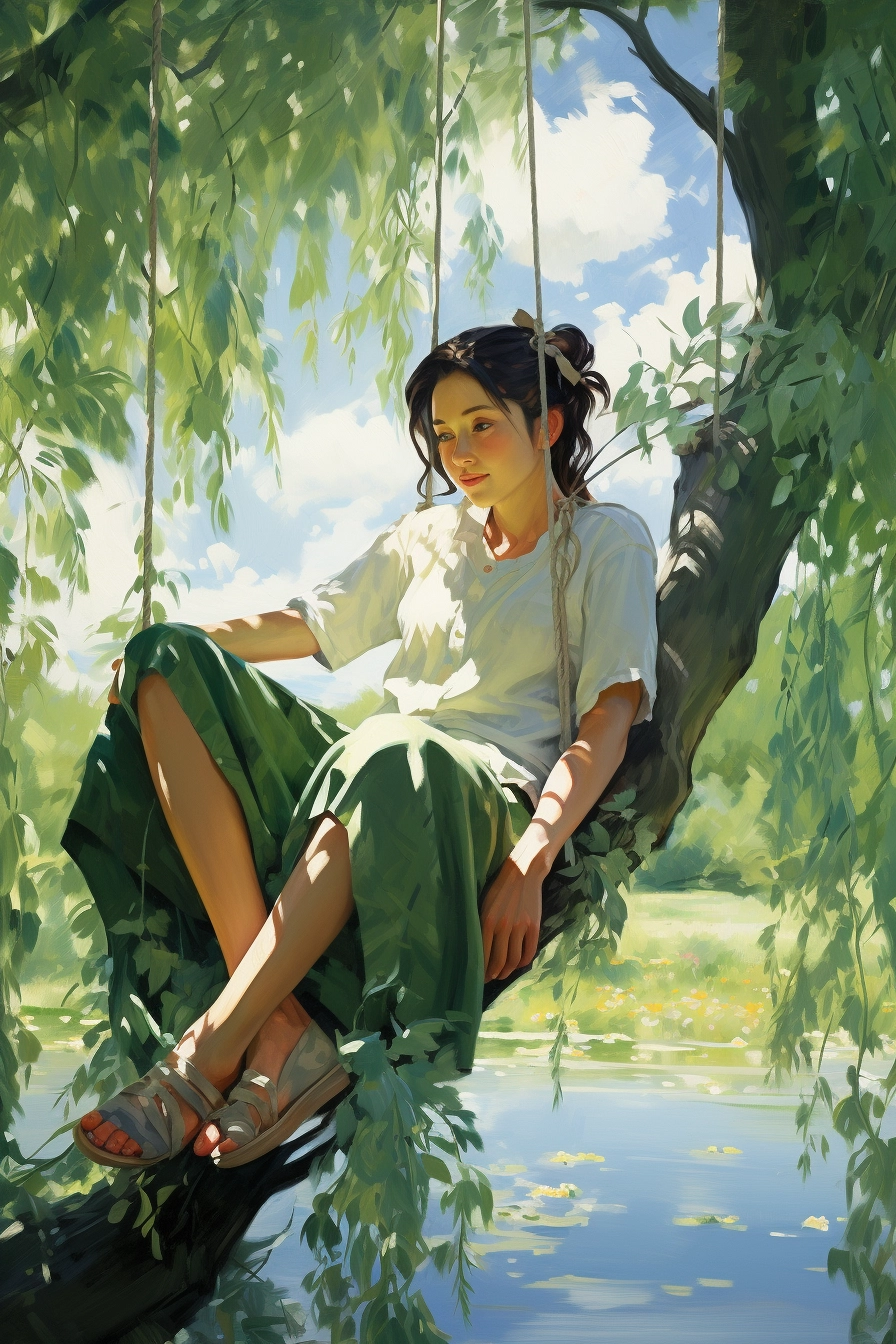 坐在一棵柳树的树枝上的少女