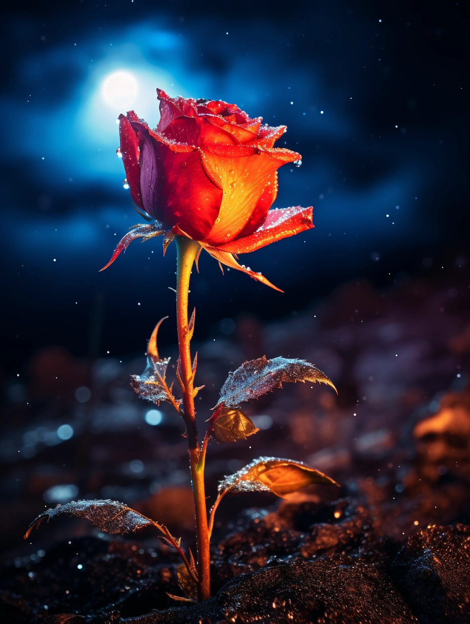 夜空中红玫瑰的微距照片