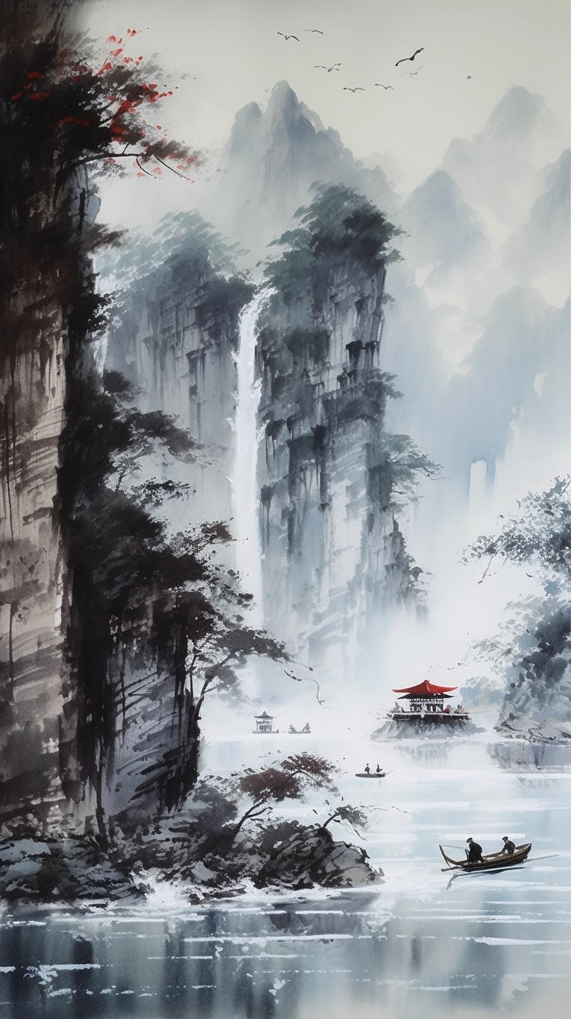 瀑布下的中国水墨画