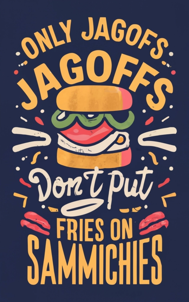 复古风格的T恤设计，上面写着“Only Jagoffs Don't Put Fries on Sammiches”，黑色和金色的主题，排版，3D渲染