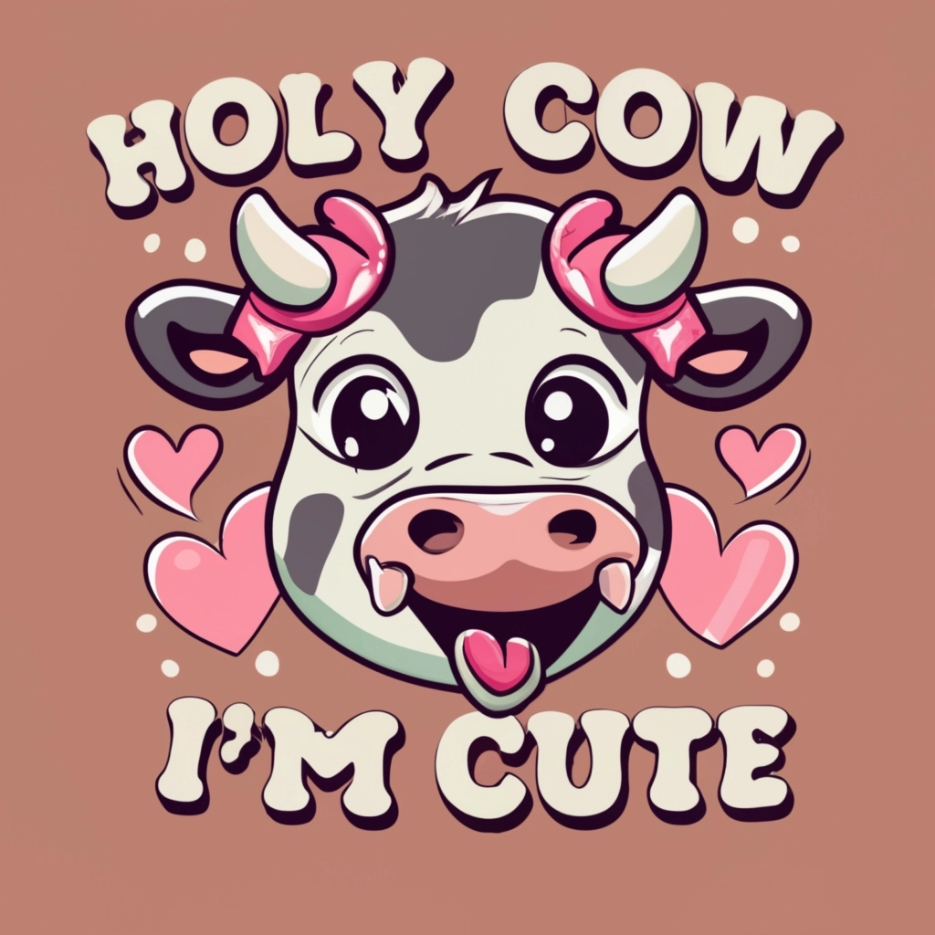 一件T恤设计矢量，上面写着“HOLY COW I'M CUTE”，上面有一只可爱的卡通风格的奶牛，头上戴着粉红色的蝴蝶结
