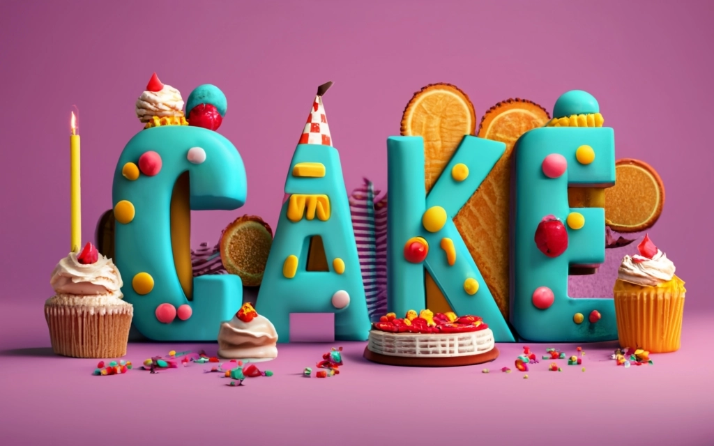 用蛋糕生成文字“cake”。普通背景，3D渲染，排版