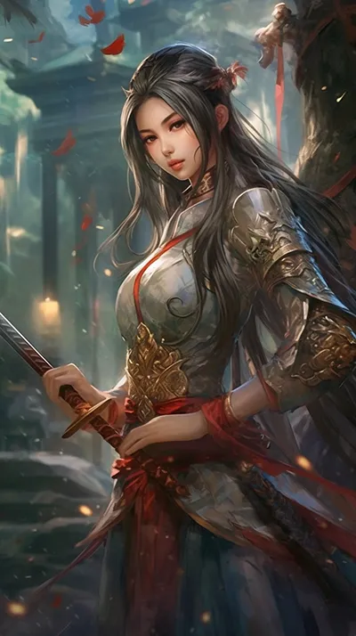 一位身穿盔甲持剑的女性，处于奇幻世界中，与朋友们一起，亚洲风格