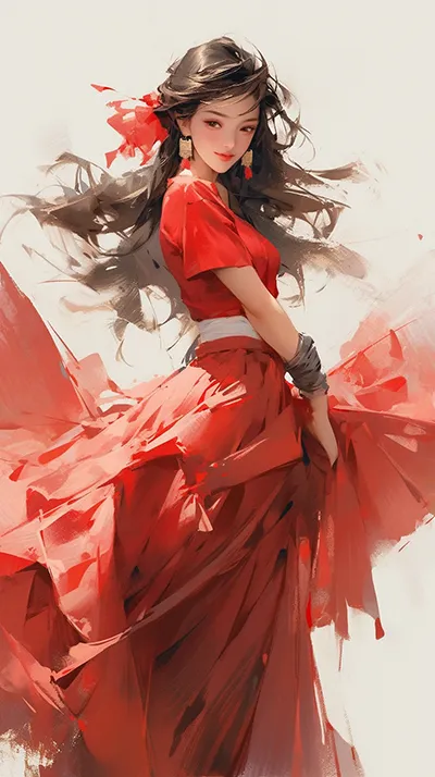 中国复古50年代海报肖像，一位穿着传统红色汉服的美丽亚洲公主，人物概念艺术，人物设计，粗纸，写实，详细插图，人物概念艺术，比尔·西恩科维奇，迈克尔·德风格，纯色，动漫风格，详细插图。