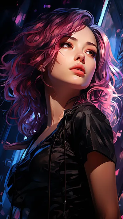 一个穿着黑色和粉色头发的女孩的动画，采用赛博朋克现实主义风格，委托，深洋红色和浅青铜色，Ferrania P30，边缘光，迷人的现实主义，深海军蓝和洋红色