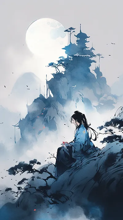 一个女孩坐在一座奇妙的小山上，面对月亮，满月，深蓝和浅蓝，中国水墨风格