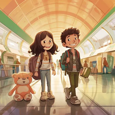 这是通过Midjourney完成的一幅插画，展现了两个孩子在以色列本古里安机场降落的场景。男孩有黑色头发，女孩有棕色头发。画面充满喜悦和色彩。