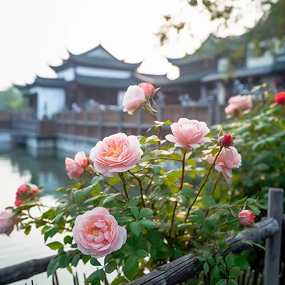 繁茂的玫瑰花盛开，1000多朵玫瑰花生长在白色的栅栏上，背景是中国古老的水乡，超广角，远景，光影艺术，超细节，真实柔和的光线，景深，活力，华丽的光线，超高清。