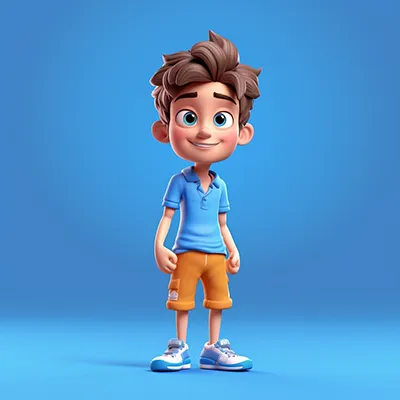 男孩3D卡通人物全身，蓝色背景，由佳能R8 8K高清拍摄，深度细节更逼真