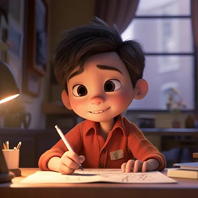 这是一幅描绘7岁在写作业的中国男孩。这个男孩有一双大眼睛，非常可爱，就像皮克斯动画中的角色。