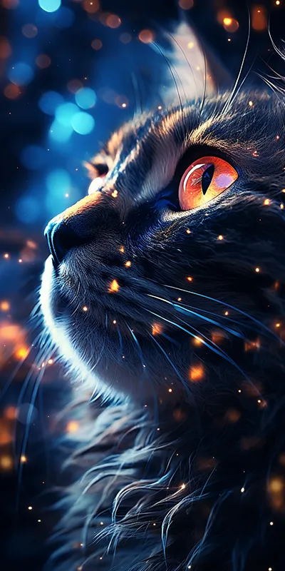 明亮蓝眼睛的长发黑猫特写照片，美丽与超现实主义渲染。