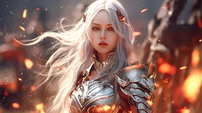 一个美丽的女孩，天使的样子，身穿白色盔甲，手持冷钢，像游侠骑士一样在战场上徘徊。她拥有魔法力量，并且在战斗中展现了惊人的力量。这是一个幻想般的场景，充满了冒险和神秘色彩。