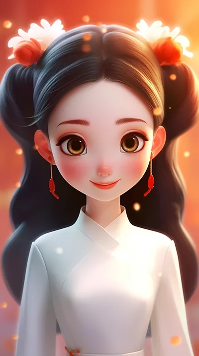 这是一个3D风格的插画，画的是一个中国女孩，她扎着马尾辫，头发染成了五颜六色，大眼睛，小鼻子，樱桃小嘴巴，笑容满面，穿着一件白色的裙子，非常可爱迷人。这个插画的名称是“甜蜜小姐姐”，总共有8K的像素。