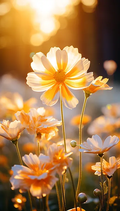 佳能EOS R微距镜头摄影的花卉剪影，阳光下的花瓣，精致的运动，宁静，柔和的光照，鲜艳的色彩，微妙的对比，空灵的焦点，浅景深，卡尔·布洛斯菲尔德和安塞尔·亚当斯的风格。