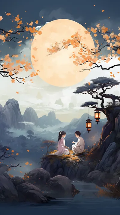 中秋团圆海报，情侣在月亮下吃月饼，低视角，中国水墨画