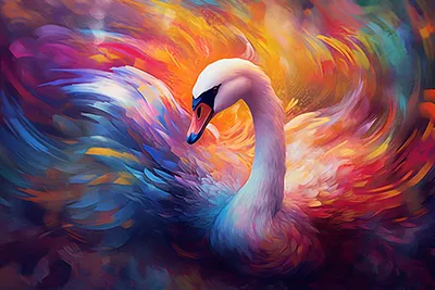 这幅画是一幅色彩斑斓的天鹅，它在模糊的彩色野生背景中显得格外生动。画面比例是 3:2，版本号是 5.1，质量设置为 2。