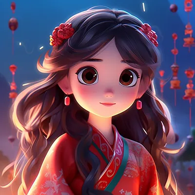一位神秘少女，她有着闪耀的眼睛和长长的头发，穿着传统的服装，如同彩色动画静帧一般。她的形象充满了中国画的风格，以淡蓝色和红色为主，看起来十分可爱和梦幻。