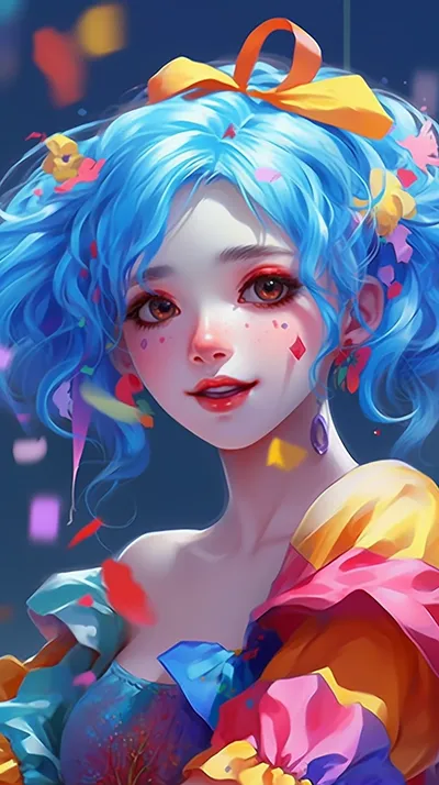 这是一幅风格类似颜君成的、有彩色头发的蓝色女孩的画作，是小丑核心的风格，具有32K UHD的分辨率。画面是彩绘插画，是特写的，呈现出十分活泼的画面，是可爱艺术的高清 8K 版本。