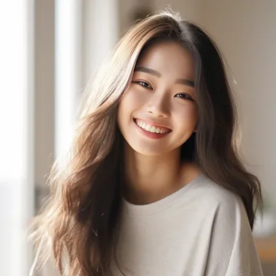 亚洲女孩的超高分辨率照片，微笑，柔和的白色调色板，景深。