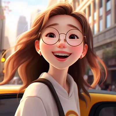 一个小女孩的肖像画。她在开怀大笑，戴着眼镜，长直发，背景是城市景色。使用软焦模糊的效果，采用动漫或 3D 渲染的画风，参考了 Pixar 的风格。