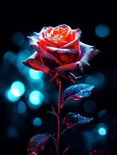 月亮上一朵红玫瑰的微距照片，夜空与霓虹灯的颜色。