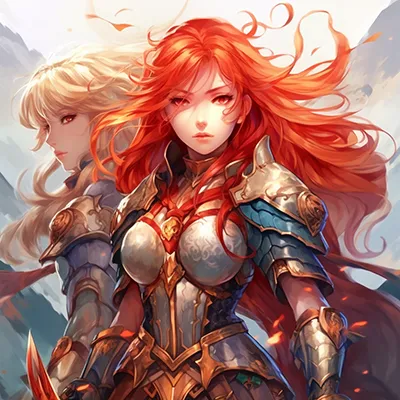 一个长着红色长发的女性角色，动漫，幻想世界，一个穿着盔甲拿着剑的女人