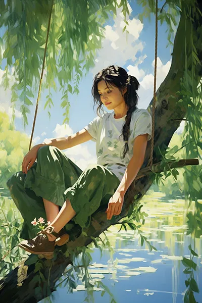一位年轻女子坐在一棵柳树的树枝上，树枝在夏日的微风中摇曳，风景如画，捕捉着大自然的宁静和美丽。