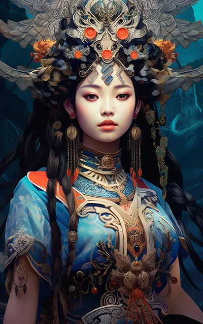 中国古代神话中的女性，非常美丽，头部五观清晰细腻，身穿青色花纹的古装上衣，人物整体色彩丰富饱满，身后背景是个古代神秘大山，背景丰富且色彩多样。