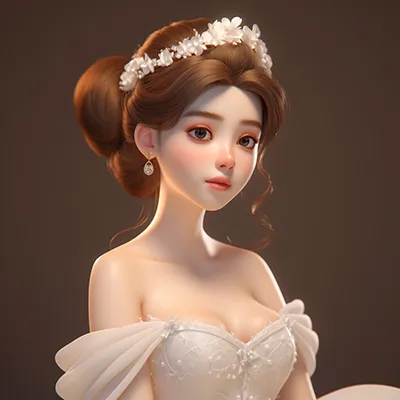 这张画作是一幅3D渲染的像皮克斯动画风格的人像画，画中是一位美丽高贵的女孩，她穿着闪亮的婚纱，发型精美，背景为棕色。整张画作柔和模糊，没有任何明显的细节，但仍然能够清晰地表达女孩的高贵美丽和婚礼的氛围。