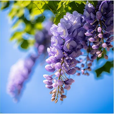一张美丽的紫藤花照片，使用佳能广角镜头拍摄了一个在中午明亮阳光直射下真实美丽的紫藤花