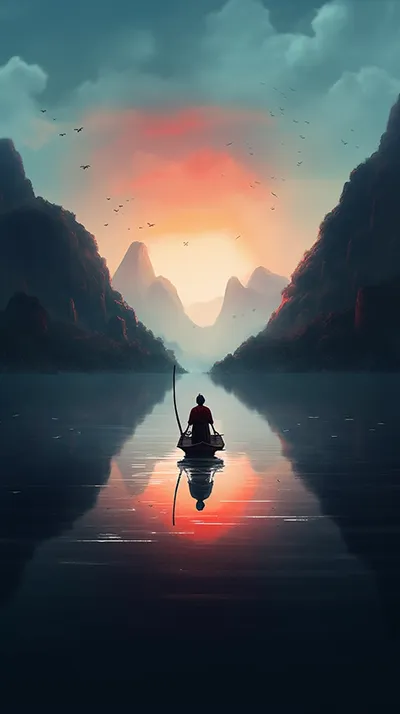 一个人站在独木舟上，面朝远方，远处的山，林风眠的风格，