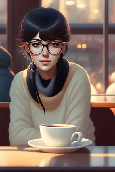 这张AI照片，描绘的是穿着黑色毛衣、戴着黑色Wayfarer眼镜的可爱女孩，她坐在咖啡馆里喝咖啡。背景是由Greg Rutkowski、Makoto Shinkai和京都动画的关键艺术品组成的，照片的角度是女性的中景。