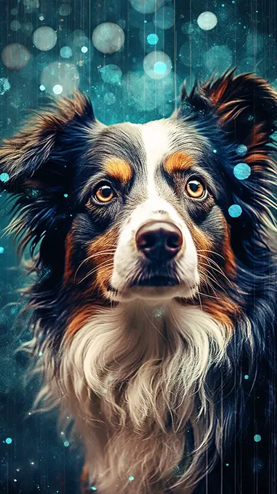一只拥有黄玉色眼睛和杂色毛皮的狗，以精细大气的肖像风格呈现，闪耀的水反射，超详细的插图，漫游的眼睛，Fujifilm Eterna Vivid 500T，珠宝蓝和拼布白，强烈的特写镜头。