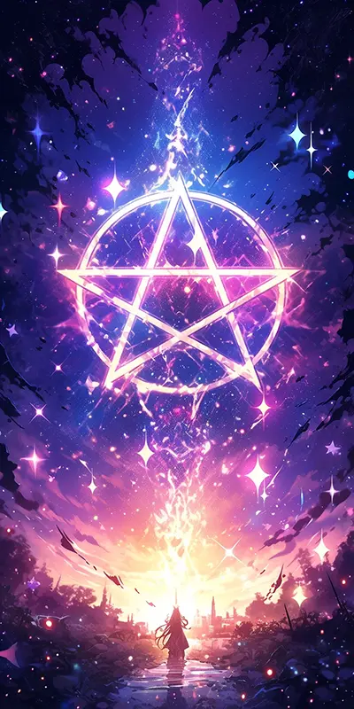 在一个由紫色火焰构成的五边形中，有一个五芒星，背景是宇宙星空。