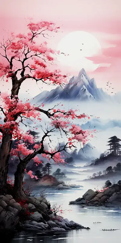 画面中有山峦重叠、溪水潺潺、圆月高悬，以及盛开的桃花。整个画面以淡雅的色调为主，给人一种宁静和恬适的感觉。