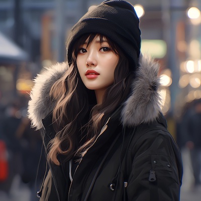 一个韩国流行女孩在首尔街头的特写，冬季服装，现实的数字艺术，精细的细节