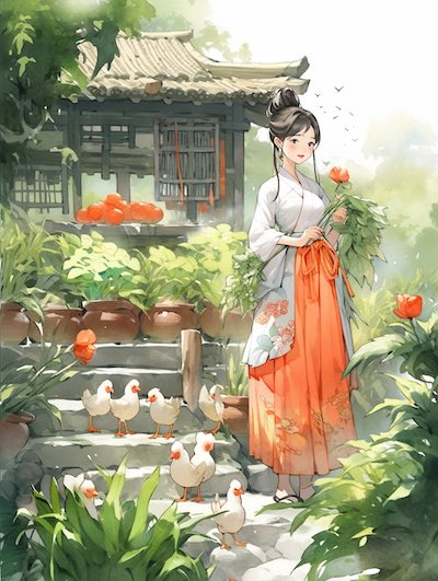 穿着70年代风格的复古旗袍，站在一个种着卷心菜和胡萝卜的花园里。有一个小木屋，鸭，鸡，和菜园的气氛。中国风格白底水彩画。完整的长度。质量。非常详细的剪贴画。非常写实的中国艺术中国传统水彩画早晨花