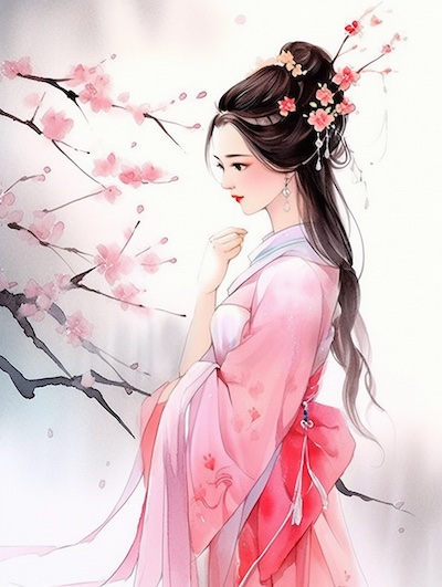 32K中国风动漫水彩一位中国女子背对着自然风景站着。飘逸的衣服完美的手美丽的眼睛，美丽的脸。白色背景的中国风格。完整的视图。非常详细的剪贴画。非常写实的中国艺术中国传统水彩画早晨花中国建筑，中国房子，中国风格，甜美的色调，用樱花装饰。