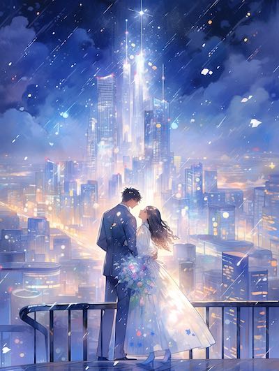 水彩风格，画中，穿着婚纱的女子和背对西装的男子站在夜晚的屋顶上，形成了美丽的韩式高层建筑水彩形象。散景，韩国艺术风格