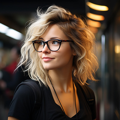 一张职场女性的侧面照片，超写实的4K画质，她有一头金发和黑框眼镜，大约28岁，正看着我们微笑。