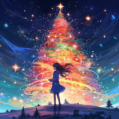 圣诞节树插图，以《你的名字》风格为主，色彩缤纷、充满活力。
