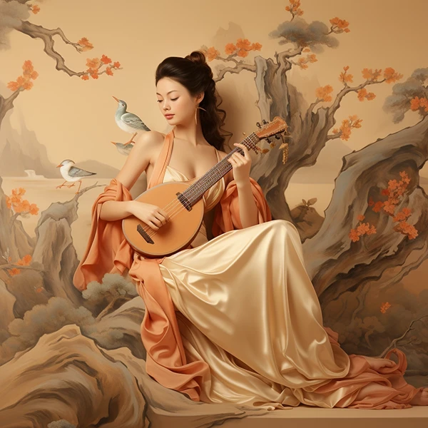 一幅女子弹奏古琴的中国画，敦煌壁画风格，仙女翩翩起舞。最佳拍摄角度、极致细节，虚幻引擎呈现。