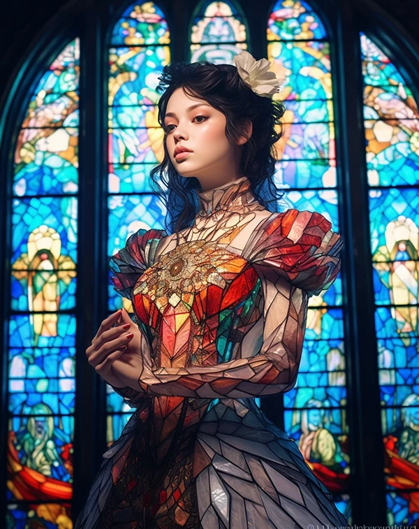 一位年轻女子摆姿势与彩色玻璃合影，风格为赛博朋克漫画、巴洛克风格的具象作品、错综复杂的服装、逼真得令人毛骨悚然、小西节（Oshare Kei）、色彩鲜艳的服装、深灰色。这位美丽的女子站在一扇彩色玻璃窗前，风格为成岩军（Yanjun Cheng）的幻想朋克、超写实油画、错综复杂的服装、千代幸子（Chie Yoshii）、何佳颖（He Jiaying）、深灰色。一位女子站在一扇彩色玻璃窗前，风格为梦美（Yuumei）、细节丰富的服装、桌面摄影、超写实流行艺术、伊万·阿尔布莱特（Ivan Albright）、何