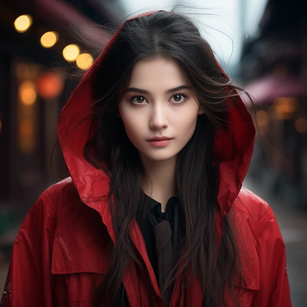 这是一张女性的肖像照。她穿着一件红色的带帽夹克，站在一个城市街道上，背景中有一些灯光和建筑物。她的眼神看起来很深沉，面部表情显得平静而专注。