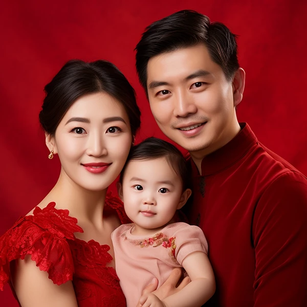 亚洲华人三口之家，父亲、母亲和女婴的照片，鲜艳的红色背景，亲子风格。
