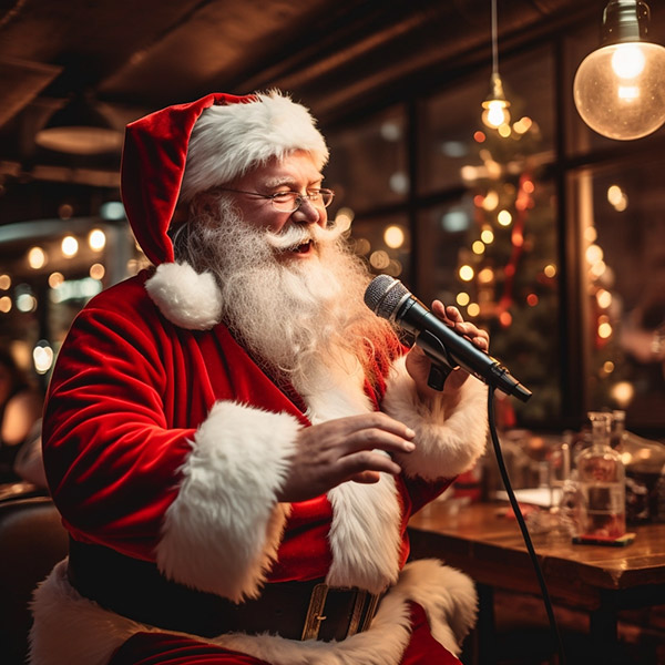 这是一位老人穿着圣诞老人的服装，站在一个昏暗的室内环境中。他手持麦克风，表情专注地唱歌，背后有装饰着亮灯和圣诞树的窗户。整个场景给人一种温馨、节日的感觉。