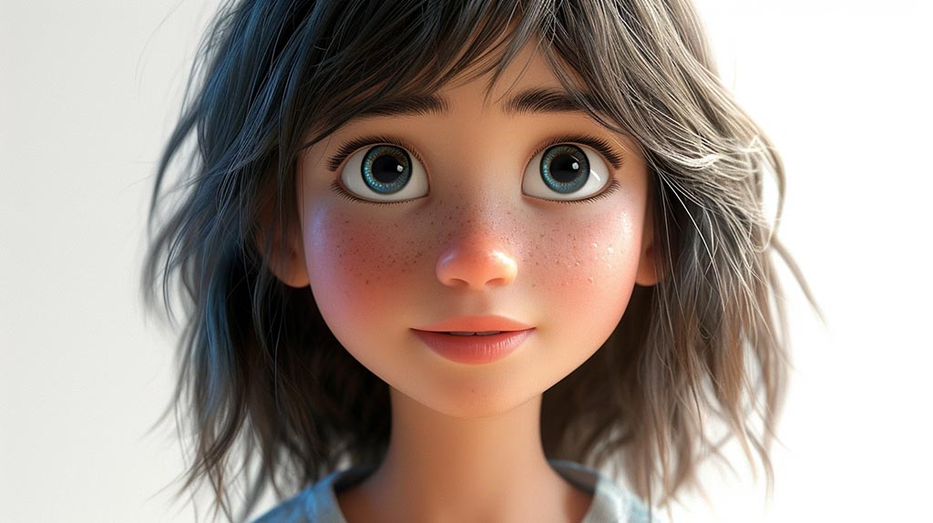 一个8岁可爱女孩的正面特写，极其近距离的脸庞，白色背景，3D皮克斯迪士尼风格，8K分辨率。
