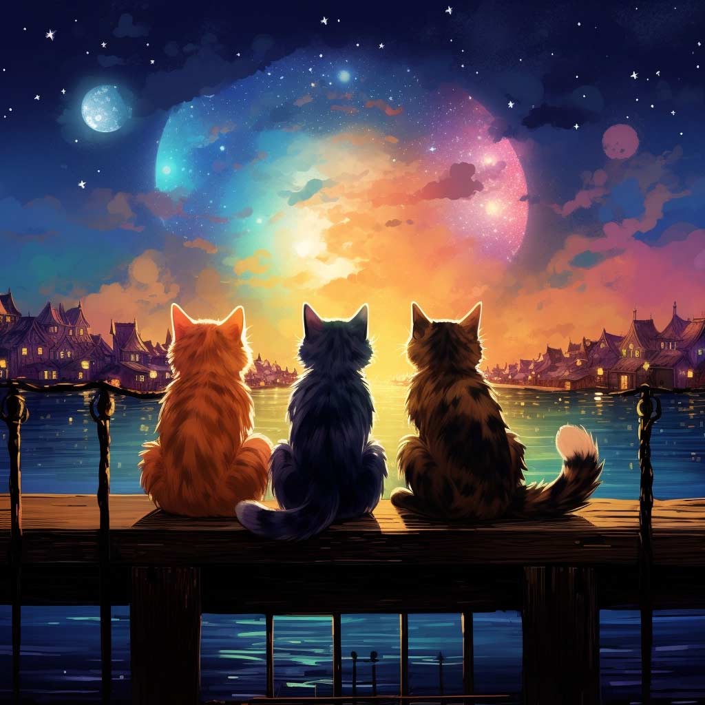 四只可爱的小猫坐在甲板上仰望着月亮和星星，动漫艺术风格，令人眼花缭乱的城市景观，我简直不敢相信这有多美，三浦健太郎（Kentaro Miura）画风，壮丽的背景，色彩鲜艳，引人注目。