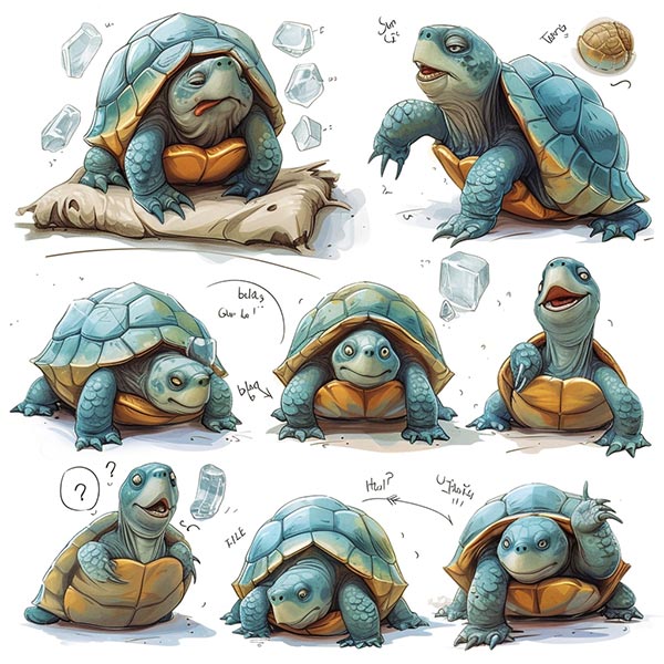 Piclab为乌龟先生在七种状态下的拟人类动物插图：睡在床上，正常的微笑，饱了肚子变大，饿了口水，冻僵了，手和嘴张开来责骂和贝壳运动